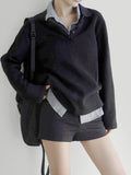 Patchwork Plaid Lapel Collar Fake Two Piece Sweats Preppy Style Simple Fashion  Trendy Pullovers Basic