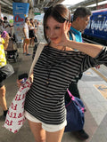 Y2k Japanese T Shirt Women Slim Striped Off Shoulder Tee Tops Streetwear Korean Style Vintage Tops Autumn 2000s Tshirts
