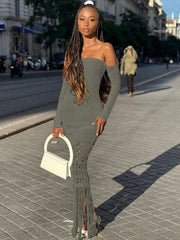 Autumn Knitted Tassel Y2K Clothes Long Sleeve Backless Tube Bodycon Maxi Dress For Women Club Party Elegant Outfits