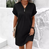Pbong  Casual Loose Mini Dress Women Summer Fashion Short Sleeve Ladies V-neck Beach Short Dress Elegant