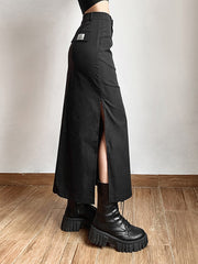 Goth Dark Grunge Casual Tag Split Women Midi Skirts Mall Gothic Punk High Raise Slim Long Skirt Y2k Sexy Fashion Streetwear