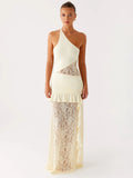 One Shoulder Backless Sexy Maxi Dress Women Lace Patchwork Fashion Sleeveless Lace-up Draped Ruffle Club Long Dress