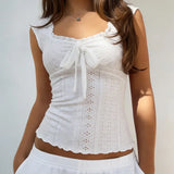 Euramerican All Match Casual Sqaure Collar Sleeveless Camisole Y2k Exquisite Hollow Oue Design Tops Solid Bow Design Clothes