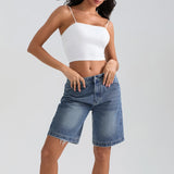 Women's Knee Length Denim Shorts Mid Rise Baggy Jean Short Pants with Pockets for Summer