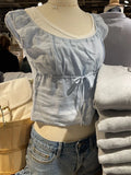 Blue Lace-up Slim T-Shirts Women Summer Casual Cotton Scoop Neck Short Sleeve Lace Trim Crop Top Sweet Cute Cropped Tee Shirts