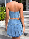 Sexy Denim Skirt Sets Women Strapless Crop Tops And Mini Skirt Ladies Fashion Club Party Pleated Skirt Two Piece Set