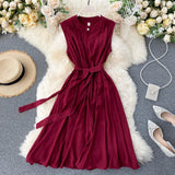 Pbong  Korean Fashion Women Dress Summer Casual Solid Sleeveless Sash Bandage Black Dress Vintage Elegant Lady Vestidos