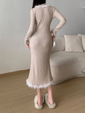Fur Trim Knitted Slim Casual Long Dress
