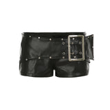 Pbong  Safari Style Bandage Pu Leather Shorts Sexy Slim Pocket Low-Waisted Shorts Women Summer Fashion Streetwear Punk Style Lady