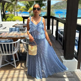 Purple Blue Lace Tank Top Long Skirt Vacation 2 Piece Set Ruffle Vest + A-line Skirt Thin Transparent Fashion Summer Outfit