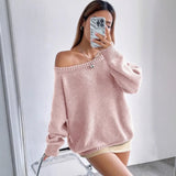 Pbong  Elegant Long Sleeve Overhead Sweater Loose Lazy Style Shoulder Bared Knitted Top Versatile Comfortable Fit Chinese Brand AE