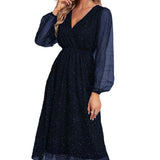 Pbong  Women's Elegant V-neck Slim Fit Solid Color Dress Patchwork Mesh Perspective Powder Spray Party Dress Formal Evening Gown
