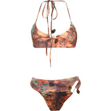 Metal Buckle Patchwork 2 Piece Set Women Fashion Print Lace-Up Halter Bra+Skinny Briefs Vacation Beach Party Outfits
