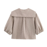 New Women's Plaid Lace Up Shirts Blouses Fashion Turn Down Neck Blouse Top Women Casual Cute Sweet Long Sleeve Blouses Clothes