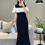 Pbong  High-end French Elegant Dress Niche Design Black and White Contrasting Off-shoulder Slim Fish Tail Commuting Dress for Women