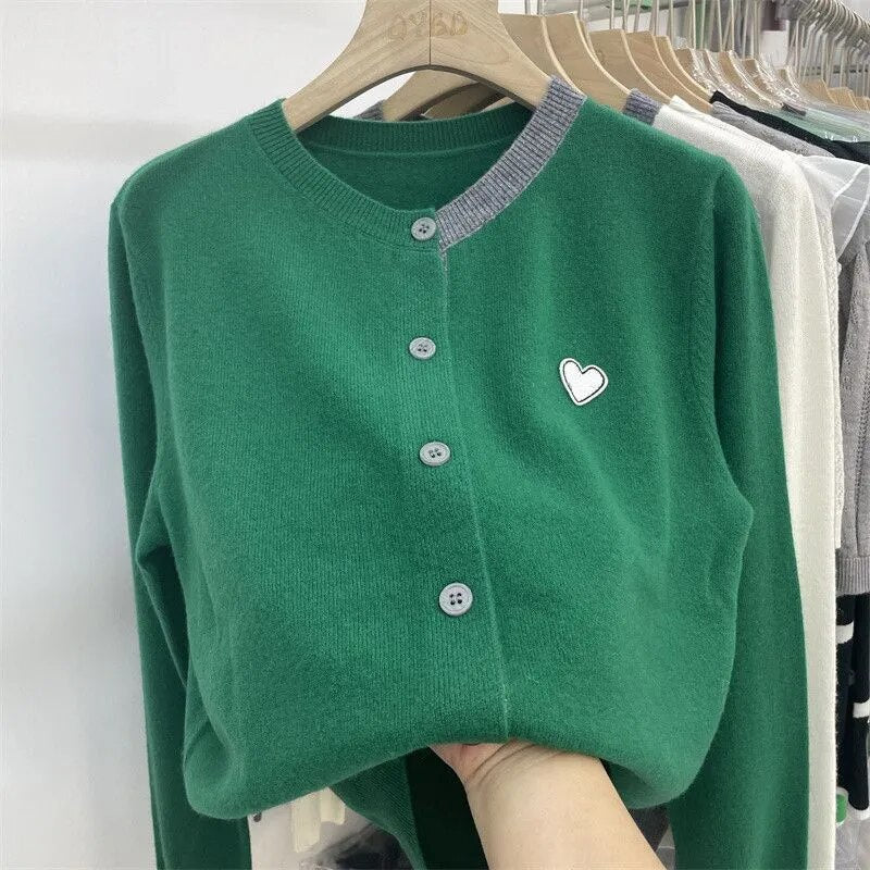 Spring and Autumn New Korean Gentle Knitted Cardigan Women Patch Long Sleeve Bottom Top Westernized Loose Sweater Female Coat