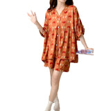Pbong  Loose Floral Printing Pajama Set Summer New Women Night Wear Pj Set Half Sleeve Knee V-neck Sleepwear Femme Nightie