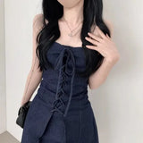 Pbong  Retro Design Chic Summer Short Denim Dress Women's Waist Cinching Strapless Dress Casual Style No Brand Registered Trademark