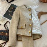 Vintage Cropped Blazer Women Korean Short Tweed Jacket Office Lady Elegant Thicken Quilted Single Breasted Outerwear Tops