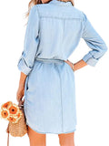 Pbong  Women Autumn Denim Shirt Dress Solid Color Long Sleeve Button-Down Lapel Short Dress with Belt