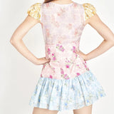 Pbong  Retro French style Contrast Color Flower Print V neck Mini Dress Sexy Short Flying Sleeve Ruffles Hem Slim Waist Robe