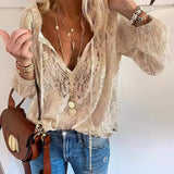 Women's Retro Ethnic V-Neck Lace Chiffon Shirt Casual Loose Office Top Spring Fashion Ladies Tops