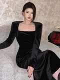 Elegant Solid Velvet Mermaid Dress for Women New Vintage Chic Square Collar Bodycon Evening Party Dresses Female Slim Vestidos