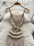 Sexy Knitting Split Long Dress Sleeveless Sequins Diamonds With Sashes Skinny Sundress 2025 Fashion Women Summer Dress