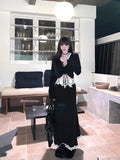 Gothic Harajuku Patchwork Lace V Neck Long Sleeve Tops Slim Fit Temperament Mermaid Long Skirts Y2k Vintage Girl Two Piece Sets