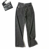 Pbong  Y2K Street Washed Asymmetric Belt Decoration Slant Pocket Wide-Leg Cotton Comfortable Versatile Work Jeans Cargo Trousers