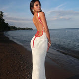 Sexy Backless Knitting White Long Dress Women's Square Collar Sleeveless Tank Dress New Summer Transprent Beach Holiday Vestidos