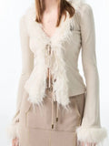 Y2k Aesthetic V-neck Jacket Women Korean Sexy Fashion Cardigan  Harajuku Vintage Bandage Fur Patchwork Coat Spring Chic