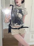 American Personality Vintage O Neck Short Sleeve T Shirt Harajuku Japanese Summer All Match Popular Crop Top Print Clothing