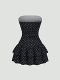 Pbong  Sweetra New Winter French Fashion Polka Dot Lace Ruffle Bow Design Office Commute Casual Cute Sweet Style Strapless Bodycon Cinc