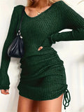 Pbong  Women's autumn and winter sexy slim fit ribbed skirt knitted sweater V-neck long sleeved pleated drawstring base skirt
