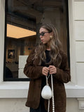 Women Fashion Brown Suede Coat Casual Lapel Long Sleeve Button With Pocket Jacket Lady Autumn Warm High Street Outerwear
