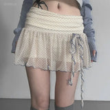 Pbong  Summer Wave Point Print Sweet Fairy Mini Skirts Cute Bandage Bow Pleated Girls Skirt Y2k Aesthetic Women Gauze Grunge Faldas