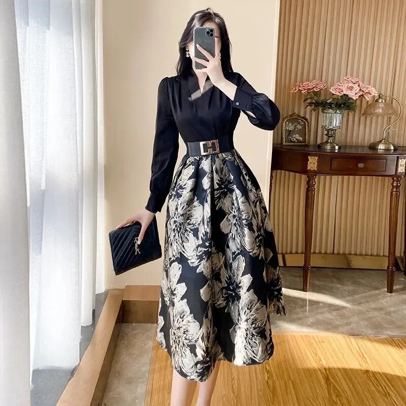 Women's Printed Dress Autumn New Luxury Celebrity Temperament French Fake Two Piece Long Sleeve Dress Female