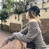 Fashion Vintage V-neck Knitted Tops Women 2025 Early Autumn New Sweaters Pullover Slim Long Sleeve Pullovers Sexy Gray Sweaters