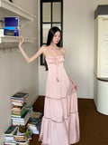 Pink Satin Backless Maxi Dress For Woman Shirring Beading A Line Long Tube Dress 2025 Summer Vacation Clothes