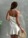 Halter Off-shoulder Backless Sexy Mini Dress Women White Hollow Out Strapless Lace-up A-line Club Dress Summer