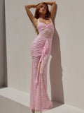Lace Draped Ruched Sexy Maxi Dress Women Summer Patchwork Halter Sleeveless Backless Bodycon Club Long Dress Elegant