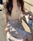 Plaid Skirt Vintage Women Elegant Sweet Korean Style Mid Skirt Y2k Harajuku fashion A-line summer Aesthetics Skirts