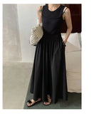 Knit Patchwork Pleat Long Dress Round Neck A-line Fashion Women Dress2025 New Sleeveless Loose Vestidos Chic Female Clothing