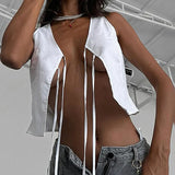Casual Lace Up Vest Top Female Sexy Cut Out Sleveless Cardigan White Cotton Tanks Summer Fashion Hot Girl Club Party Vest