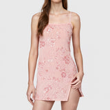 Pbong  Women Summer Flower Sequins Embroidery Ruffles Square Neck Sleeveless Bodycon High Split Short Cami Dress with Scarf