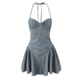 Pbong  Gray Striped Print Ruched Chest Corset Style Bow Halter Sling Dress Women Backless Low Waist Mini Swing Dresses Summer Robe