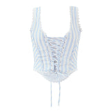 Pbong  Lace Spliced Striped Corset Camis Women Cross Lacing Up Bandage Back  Square Neck Summer Tank Top Slim Fit Crop Top
