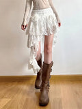 Boho Elegant Lace Skirt Women Tulle Vintage White Skirts Irregular Layered Street Summer Short Mid Skirt Korean Fashion