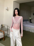 Designer Pink Long Sleeve T Shirt For Woman Fall 2025 Lace Print Funny Tees Cute Mesh Top Kawaii Clothes